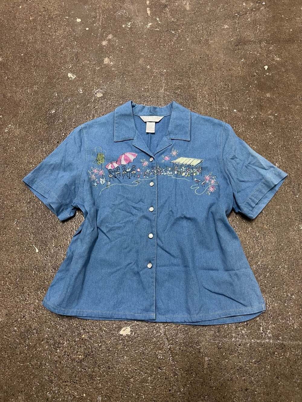 Vintage Whimsical Blue Denim Short Sleeve Embroidered Button-Down Shirt